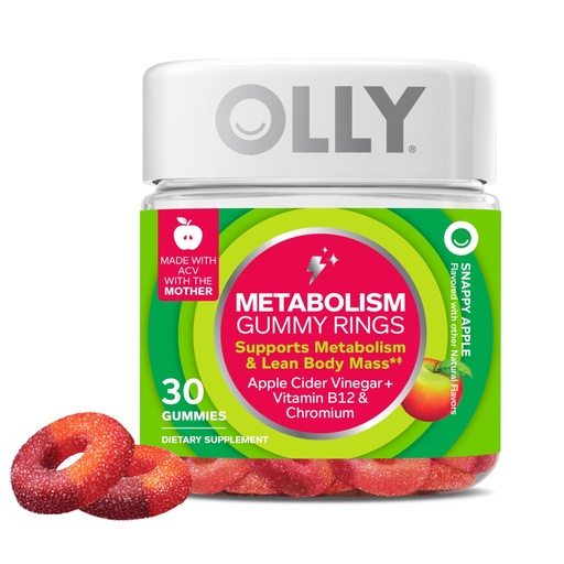[BRSRMYYDCAFGMCTL] OLLY Metabolism Gummy Rings, Apple Cider Vinegar, Vitamin B12, Chromium, Energy and Digestive Health, Chewable Supplement, Apple Flavor - 30 Count