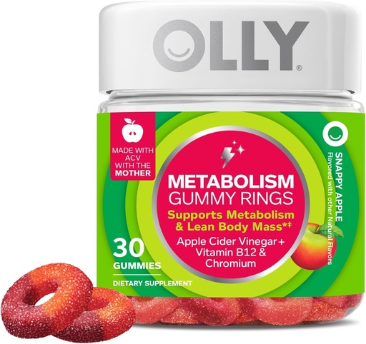 [BRSRMYYDCAFGMCTL] OLLY Metabolisme Gummy Ringen, Apple Cider Vinegar, Vitamine B12, Chroom, Energie en Digestieve Gezondheid, Kauwbare Supplement, Apple Finegar - 30 Tel.