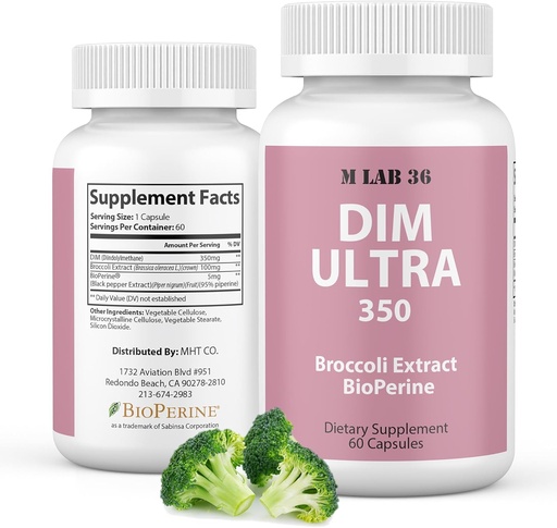 [BRSROGTYCUBBQCQ4] MLAB36 DIM Ultra 350 mg con Broccoli Extracto & Bioperina - Suplemento DIM para homes e mulleres para soporte de metabolismo de estróxenos e equilibrio hormonal - Non GMO e cápsulas veganas libres de 60 - feito en Estados Unidos