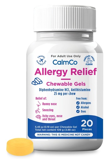 [BRSREZTQOABB6ET7] CalmCo Adult Allergy Relief with Diphenhydramine HCl 25 mg - Chewable Antihistamine for Sneezing, Runny Nose & Itchy Eyes, Nighttime Allergy Medicine for Ages 12+, Fantasy Fruit Flavor, 20 Count