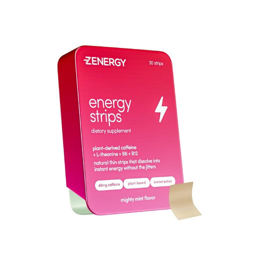 [BRSRMBA2BYPGAFDV] ZENERGY Energy Oral Strips - Mint Flavor | 40mg Caffeine + 30mg L-Theanine + 100% Vitamin B6 & B12 | 0 Sugar, 0 Calories, 0 Gluten, 0 Aspartame, Vegan, Plant-Based, Instant Action | 1 Tin = 30 Strips