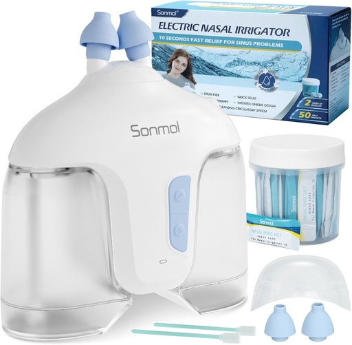 [BRSROFLQAUHWEGY4] Sonmol Electric Nasal Irrigation System (Nasal Irrigation, White), Sinus Yetişkin, Self-Cleaning Nasal Clean ile 50 Packets Saline