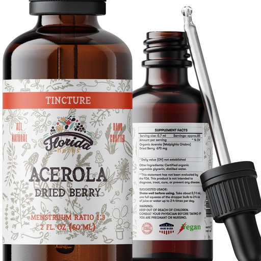 [BRSWGFAKDMIWEYD4] Acerola Tincture (Vitamin C), Organic Acerola Extract (Malpighia Glabra) Dried Berry for Blood, Heart, Arteries, Non-GMO in Cold-Pressed Organic Vegetable Glycerin, Florida Herbs Supplements