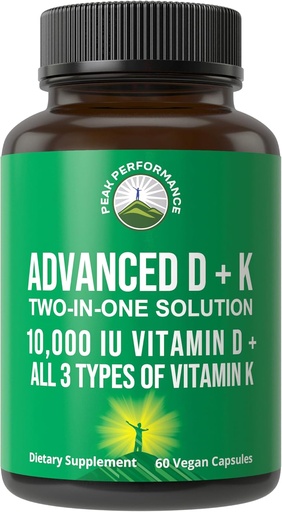 [BRSWGHDRCMBGO33H] Peak Performance Advanced Vitamin D 10000 IU ile tüm 3 Vitamin K Capsules 10.000 IU Vitamin D3 ve K2, K1, MK-7 (MK7), MK4 Supplement. 60 Küçük ve Swallow Pills
