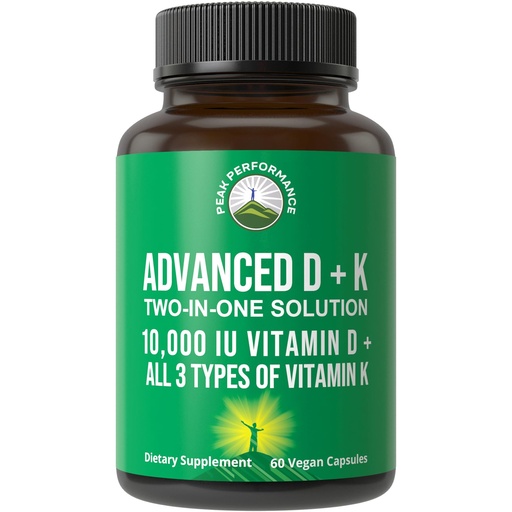 [BRSWGHDRCMBGO33H] Peak Performance Advanced Vitamin D 10000 IU with All 3 Types of Vitamin K - 10,000 Vitamin D3 and Vitamin K2, K1, MK-7 (MK7), MK4 Capsules Supplement - 60 Small and Easy to Swallow Pills