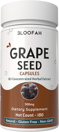 [BRSROCARBACRSAY2] Grape Seed Capsules 500mg | Vitis vinifera Concentrated 10:1 Extract Powder | Natural Herbal Supplement, Non-GMO, Gluten-Free Formula (180 Count (Pack of 1)