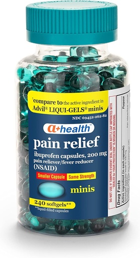 [BRSWYZ3QDIBA4CI3] A+Veselība Mini Ibuprofēns 200 Mg Softgels, Pain Reliver/Fever Reducer (NPL), 240 Skaits