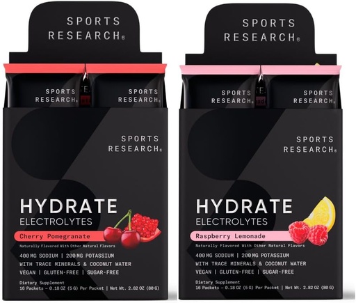 [BRSRAYD6OAPBYCTK] Idrettsforskning Hydrate Electrolytes Dynamic Duo - Sukkerfri og naturlig flavorert med vitaminer, mineraler og kokosvann - 32 Hydration Packets av Cherry Pomegranate & Bringebær Lemonade