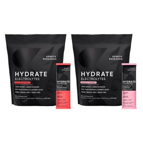 [BRSRAYD6OAPBYCTK] Sports Research Hydrate Electrolytes Dynamic Duo - Sugar-Free & Naturally Flavored with Vitamins, Minerals, and Coconut Water - 32 Hydration Packets of Cherry Pomegranate & Raspberry Lemonade