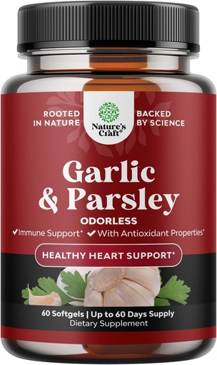 [BRSWIBQCOMNBO2L4] Concentrated Odorless Garlic Softgels - Parsley Extract &quot; Aged Garlic supplements for Circulatory Health, Digestion, Immune Support &quot; Liver Detox - Parsley Softgels for Gut Support - 60 Ct
