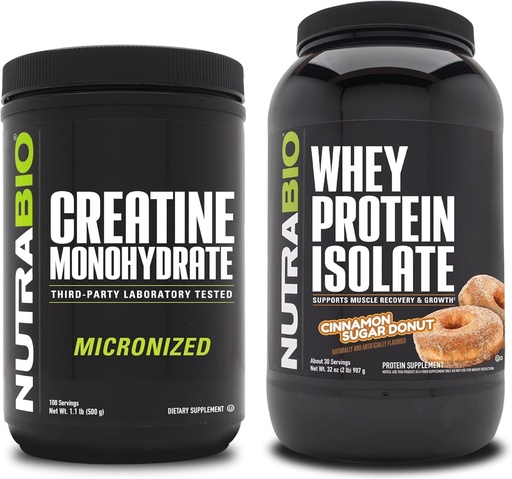 [BRSRAZ34C5YQGADL] NutraBio Creatine Monohydrate, Unflavored, 500g and Whey Protein Isolate, Cinnamon Sugar Donut, Supplement Bundle - Muscle Energy, Lean Muscle Growth, Recovery, and Strength