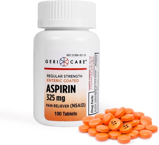 [BRSWIYYDBB6W2AAV] Enteric Coated Aspirin Tablets 325mg (100 Count) by GeriCare- NSAID Pain Reliever & Fever Reducer Coated Aspirin for Adults- Regular Strength Aspirin for Headache Arthritis Menstrual & Muscle Pain