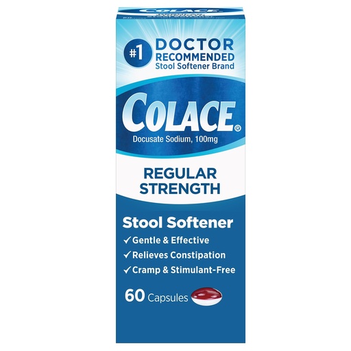 [BRSWIYT3OR4RWAAV] Colace Stool Softener 100 mg, 60 Capsules, Constipation Relief, Docusate Sodium, Gentle Docusate, Stimulant-Free, Regular Strength, #1 Doctor Recommended Stool Softener Brand