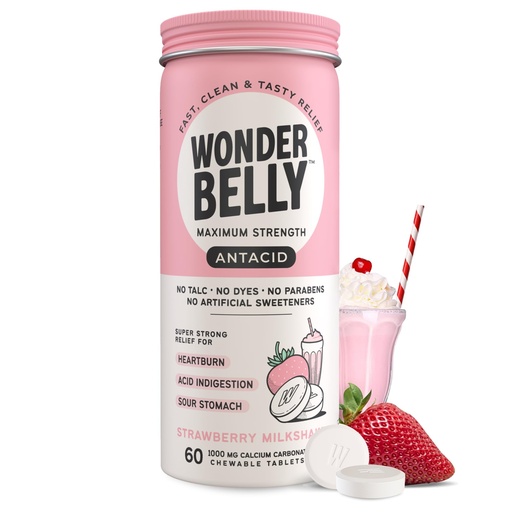 [BRSRAZIEBUPRYH32] Wonderbelly Antacid, Effective Heartburn and Instant Acid Indigestion Relief, Extra Strength Chewable Tablets, 1000 mg Calcium Carbonate, No Talc or Dye, Strawberry Milkshake, 60 Count