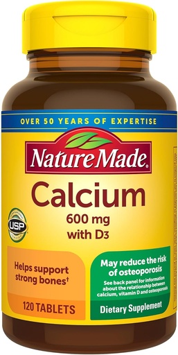 [BRSWIYDQBR4RMFTY] Nature Made Calcium 600 mg with Vitamin D3, Dietary Supplement for Bone Support, 120 Tablets (Pack of 3)