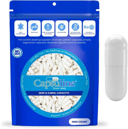 [BRSWIAQQCUEAACDG] Capsuline Розмір 0 - Кольорові білі Empty Gelatin Capsules - 1000 граф - Empty Gel Pill Capsules - DIY Pure Bovine Pill Capsule Filling - Empty Capsher - Не-GMO сертифіковані
