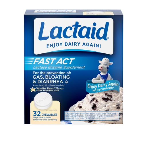 [BRSWIZYABMNR6C3K] Lactaid Fast Act Lactose Intolerance Relief Chewables with Natural Lactase Enzyme to Prevent Gas, Bloating & Diarrhea Due to Lactose Sensitivity, On-The-Go, Vanilla Twist Flavor, 32 x 1 ct