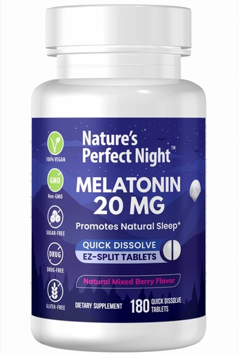 [BRSW22YHDMIAA3YU] Nature's Perfect Night | Melatonin 20mg | 180 Quick Dissolve Tablets | Natural Mixed Berry Flavor |High Potency | Sugar Free | Vegan | Gluten Free | Value Size