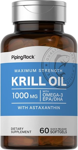 [BRSRMAQKDIMWCFD3] Piping Rock Krill Oil 1000 mg Softgeels 124; 60 Count 124; dengan Omega 3, EPA, DHA 124; Non-GMO, Gluten Bebas