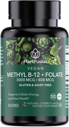 [BRSRAA33OJ5R4ALX] PlantFusion Methylated Vitamin B Complex — Vegan B12 3000mcg, Vegan Methylfolate (5-MTHF) 400mcg, B6 ' TMG – Cherry-Flavored Lozenges – 60 count