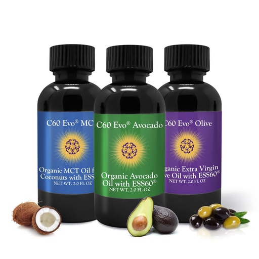 [BRSW2GITARYAIF3F] C60 Evo Pure ESS60 Organic Oil Sampler — Olive, Avocado & MCT Coconut — Antioxidant Support for Cellular Health — 3 x 2 fl oz