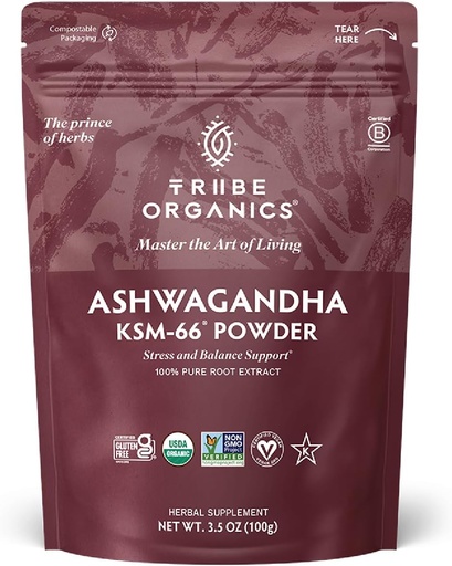[BRSRMBI2CIFREDYY] TRIBE ORGANICS KSM-66 Ashwagandha Root Extract Powder Ayurvedic Herb for Mood Support | Increase Energy | Strength - Organic | Natural | Gluten Free | Non GMO | Full-Spectrum - 100g Pouch