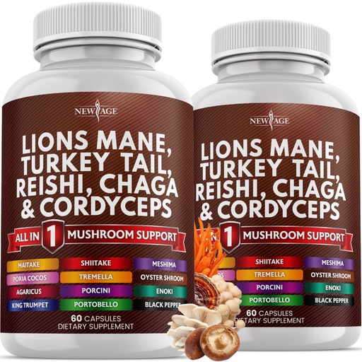 [BRSROCAECMIBGHY6] NEW AGE Lions Mane Mushroom Supplement with Turkey Tail Reishi Cordyceps Chaga with Marshmallow Root - 120 Count