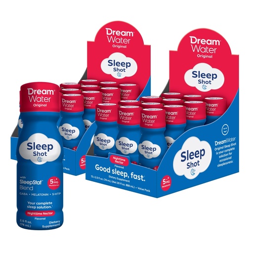 [BRSWIBD2CQHAAFIV] Dream Water Sleep Aid Supplement Drink; Melatonin 5mg, GABA, 5-HTP; Zero sugar, Natural flavors, No added colors, 2.5 oz liquid sleep shots, Nighttime Nectar, 24-Count