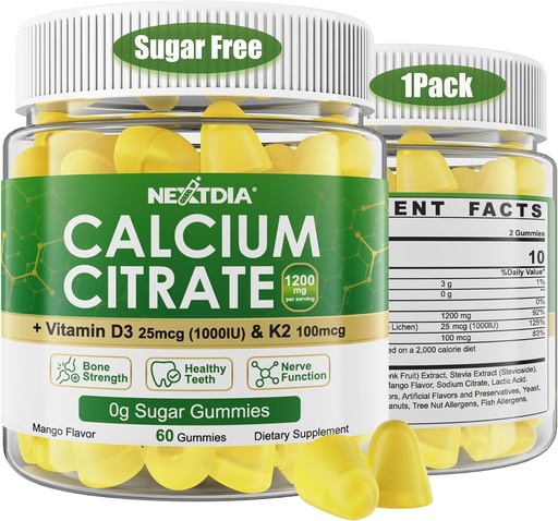 [BRSRAHQTC4GWA3T6] Kalcium Citrate Gumies 1200mg D3 K2-vitaminnal, rágható kalcium-kiegészítők nők és férfiak számára, magas hatásfokú támogatás B0ne, Te * th, Erő & Immune Health, Mango Flavor, Non-GMO, Sugar Free, 60 Cts