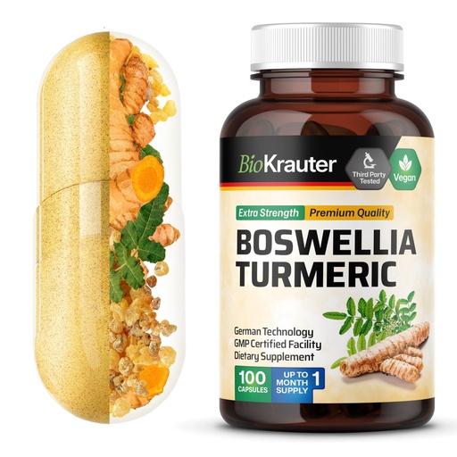 [BRSWGHY5CMFAMCT5] BIO KRAUTER® Turmeric Curcumin Supplement with Boswellia for Mobility Support - Vegan Turmeric with Black Pepper & Boswellia Extract 100 Capsules, 33 Days of Supply - Natural Digestive Support