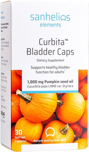 [BRSWIYYMOMPAIDT4] Sanhelios Curbita Vejiga Caps Pumpkin Seed Oil 1000mg - Función de la vejiga saludable Suplemento de apoyo para hombres y mujeres - No GMO, Libre de azúcar, Libre de alimentos, Libre de gluten - 30 cápsulas de Softgel