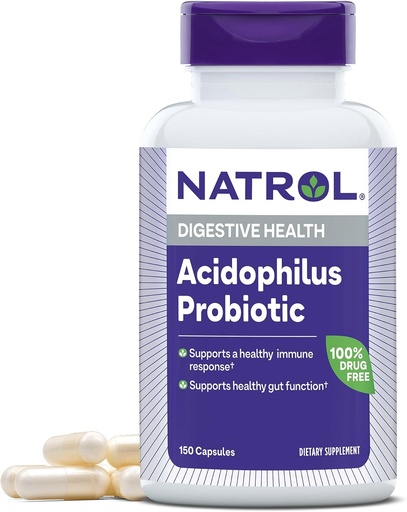 [BRSWIYYBAAGQKA34] Natrol Acidophilus Probiotic 100 mg, Dietary Supplement for Healthy Gut Function, Digestive Health Capsules for Adults, 150 Capsules, Up to a 50 Day Supply