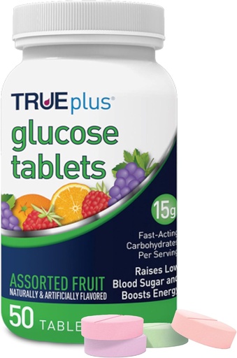[BRSWYYY2AF5A2GQ7] TRUEplus® Glucose Tablets, sortierte Flavor (Grape, Himbeer, Orange) - 50ct Flasche (1)