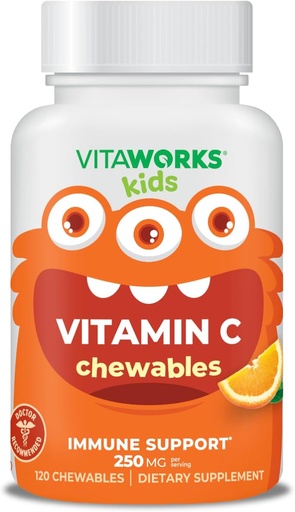 [BRSRMH32CAIWGH3P] Copii Vitamine C Tablete masticabile 250mg - Vegan, fără OMG-uri, gluten gratuit, vitamine fără nuci - Supliment alimentar pentru suport imunitar - pentru copii - 120 Chewables