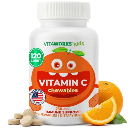 [BRSRMH32CAIWGH3P] VitaWorks Kids Vitamin C Chewable Tablets 250mg - Vegan, GMO-Free, Gluten Free, Nut Free Vitamins - Dietary Supplement for Immune Support - for Children - 120 Chewables
