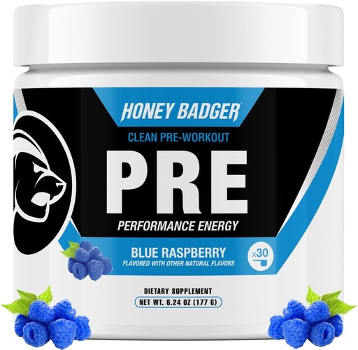 [BRSWYAICBV6WMAIV] Honey Badger Pre Workout Powder, Keto Vegan Preworkout for Men & Women, Beta Alanine & Caffeine, Sugar Free Natural Energy Supplement, Blue Raspberry, 30 Servings