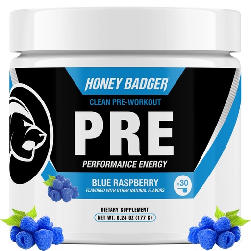 [BRSWYAICBV6WMAIV] Honey Badger Pre Workout Powder, Keto Vegan Preworkout for Men & Women, Beta Alanine & Caffeine, Sugar Free Natural Energy Supplement, Blue Raspberry, 30 Servings