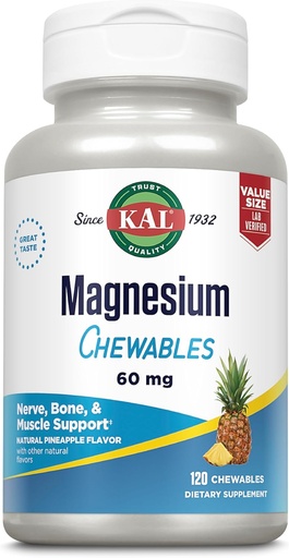 [BRSROAL6BV5GAEL6] KAL Magnesium Chewables - Magnesium Citrate for Nerve, Muscle, and Bone Support - No Added Sugar, Vegan Magnesium supplement - 60-Day Guarantee - Pineapple Flavor - 120 Servings, 120 Chewable Tablets