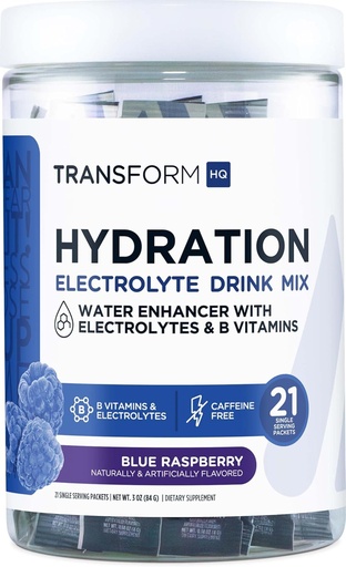 [BRSRAZYCBUPBEHLJ] TransformHQ Hydration Drink Mix (21 Single-Serving Packets, Blue Raspberry) - Hydration Supplement Blend with Vitamins and Electrolytes