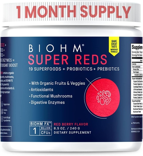 [BRSW2BT6OYFG2GTZ] BIOHM Super Reds, Beet Root Powder Antioksüdant Peet ja Smoothie Segu Tart Cherry Extract ja 19 Red Whole Foods pakendatud prebiootikumid ja probiootikumid, Non-GMO, Red Berry Maitse (30 Servings)