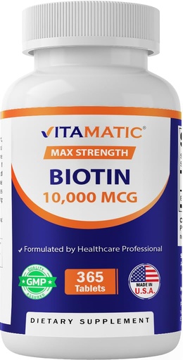 [BRSROEL7OUMWOCIU] Vitamatic Biotin 10,000 mcg (10 mg) for Stronger Hair, Skin & Nails - 365 Vegan Tablets- Also Called Vitamin B7