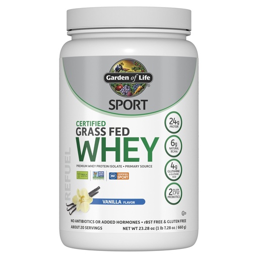 [BRSWKHAIAYARQH3C] Garden of Life Sport Grass Fed Whey Protein Powder – 24g Whey Protein Isolate for Women & Men with Probiotics & Glutamine, Non-GMO, Gluten-Free, Cold-Processed, Vanilla Flavor, 20 Servings