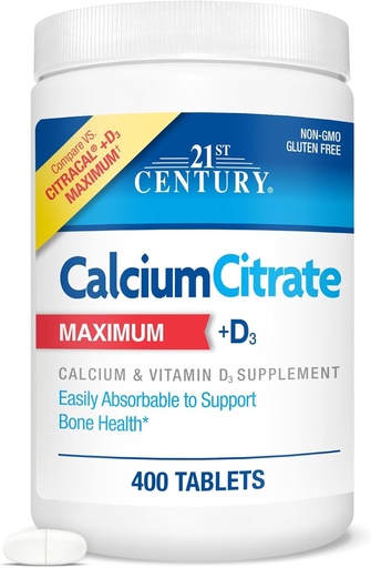 [BRSWGYDRAQPRUD3K] 21st Century Calcium Citrate + D3, 400 Tablets Per Bottle (2 Pack)