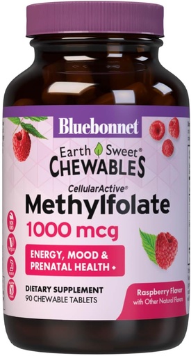 [BRSWIBTQDMBA2DYZ] Bluebonnet EarthSweet Methylfolate 1000 µg Celular Active Coense 5- MTHF L Methyl Folate Supplement - Prenatal & Energy Support - Non-GMO, Wegan, Gluten- Free - Malina - 90 Tabletki do żucia