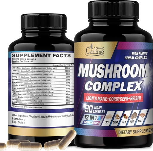 [BRSRO2Y5BV5AMCLU] Organic Cadane Mushroom Complex Supplements - Brain Health, Immune System, Memory & Energy Production - 13in1 with Lions Mane Mushroom, Bacopa, Reishi & More - 90 Vegan Capsules
