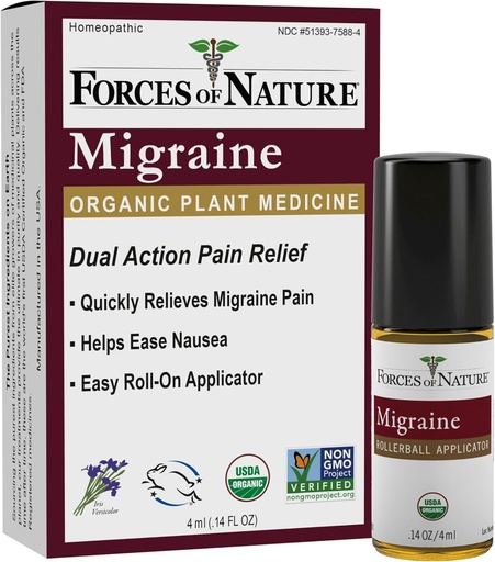 [BRSWKH3ZB4GBUG3X] Forces of Nature Natural, Organic Migraine Pain Relief Topical Roll-on, Supports Prodrome, Aura, Headache, Fatigue, Light and Sound Sensitivity, Nausea Associated with Migraines, Non-GMO, 0.14 Fl Oz