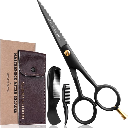 [BRSW2EI7OABWEYL6] Beauty & Crafts- 5'' German Beard Mustache Scissors - 2 Mustache Comb for Facial Hair with Beautiful Pouch - Beard Trimming Scissors Use for Grooming, Cutting, and Styling of Mustache (Black)