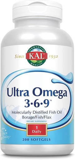 [BRSWIYQHDEFR2AAZ] KAL Ultra Omega 3-6-9 1200mg | Arrainaren olioa w/Cold Pressed Flaxseed & Borage Oil | Larruazala, ilea, bihotza, memoria | 200 Softgel