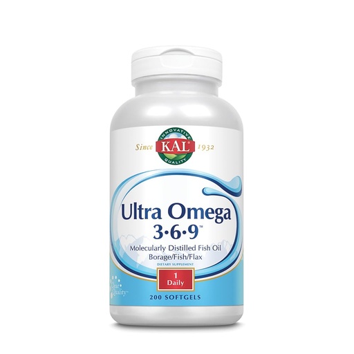 [BRSWIYQHDEFR2AAZ] KAL Ultra Omega 3-6-9 1200mg | Fish Oil w/Cold Pressed Flaxseed & Borage Oil | Skin, Hair, Heart, Memory | 200 Softgels