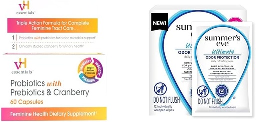 [BRSRAYYYAF6AK3LK] vH essentials Probiotics with Prebiotics and Cranberry 60 Capsules and Summer's Eve Ultimate Odor Control Feminine Wipes with Boric Acid 12 ct